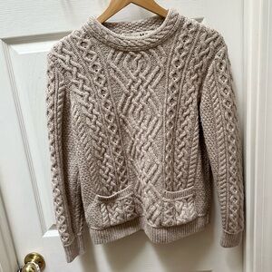 Aran Mor 100% Merino wool Cable Knit Sweater tan beige Cream m medium pockets